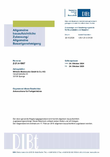 Allgemeine bauaufsichtliche Zulassung MOSO&reg; Ankerschiene f&uuml;r Fertigteilst&uuml;rze Z-21.4.1907