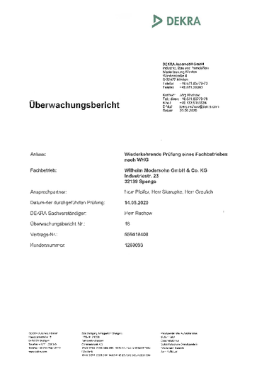 Dekra WHG Überwachungsbericht des Fachbetriebs Wilhelm Modersohn GmbH & Co. KG 