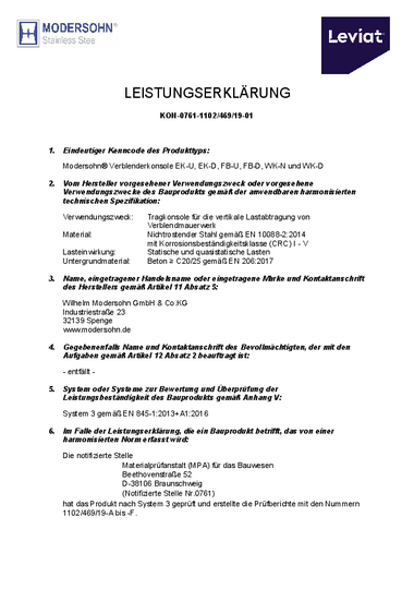 Dokument Leistungserklärung Konsolen EK-U, EK-D, FB-U, FB-D, WK-N und WK-D
