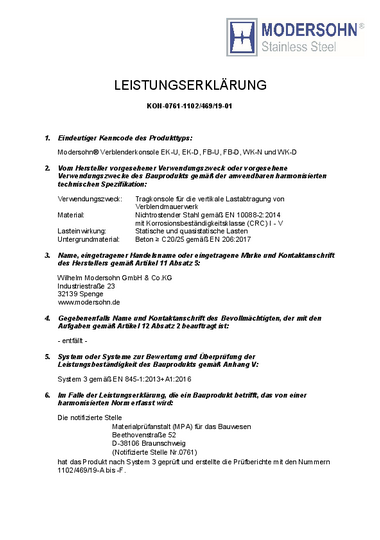 Dokument Leistungserklärung Konsolen EK-U, EK-D, FB-U, FB-D, WK-N und WK-D