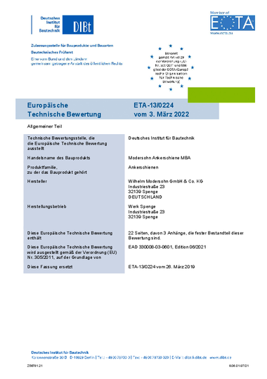 Dokument Europäische Technische Bewertung der Ankerschiene MBA