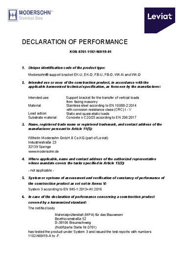 Declaration of performance, MOSO® support bracket EK-U, EK-D, FB-U, FB-D, WK-N, WK-D